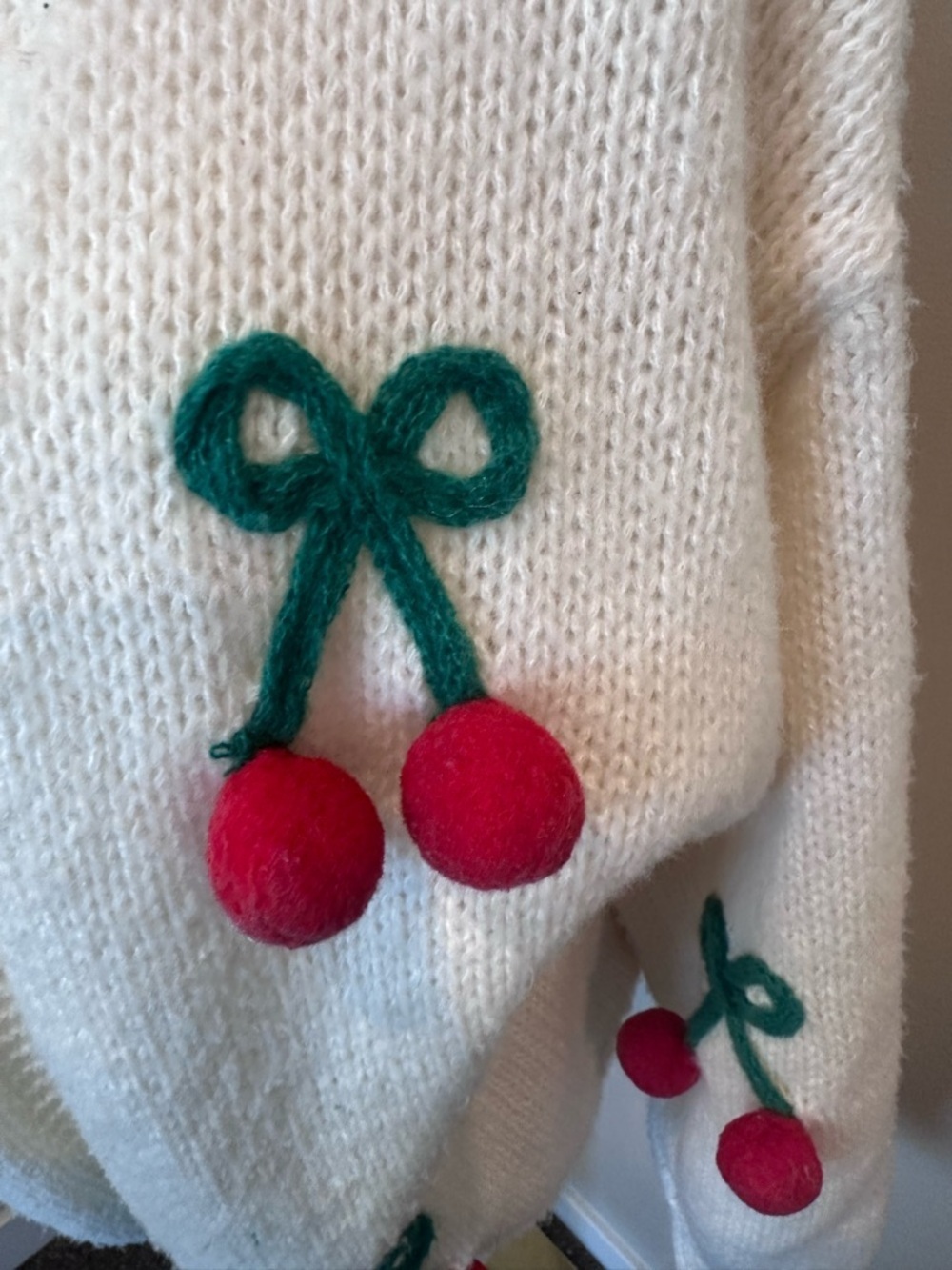 Luna Ivy 3D Cherry Pom Pom Chunky Knit Cardigan Size M Coquette Whimsical Ivory - Picture 2 of 4